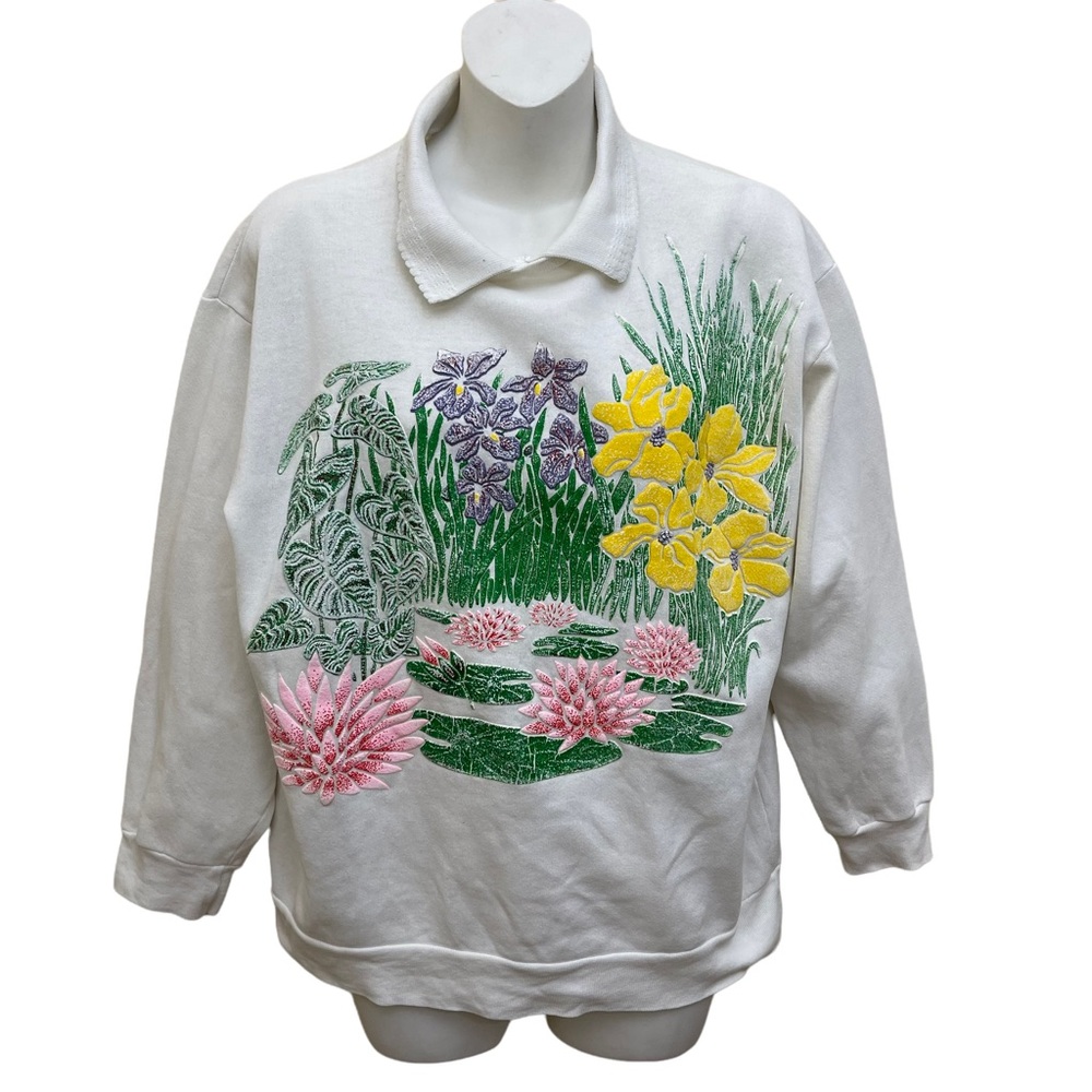 Jane Colby  White Sweater  White Collar 90s Floral Print Medium